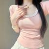 Sweet Fashion Versatile Summer New T-Shirts Women Square Collar Solid Lace Patchwork Short Sleeve Korean Casual Skinny Tops