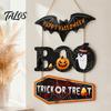 Outdoor Halloween Door Decor Happy Wooden Sign, Cute Bat Ghost Pumpkin Boo Hanger, Trick Hanging Ornament or Treat Wall Sign for Party, Front