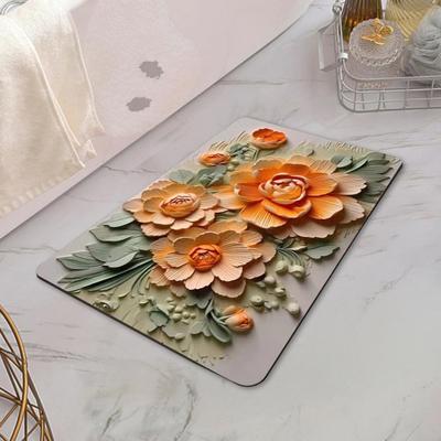 3D Blumen Badematte Kieselgur Saugfähige Fußmatte Rutschfest Realistische Ölgemälde Blumen Badezimmerteppich für Zuhause Eingang Dusche Küche