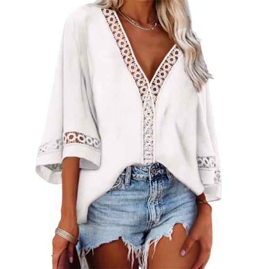 Blouse Solid Color Loose 4 Colors Women Hollow Out Lace Stitching Tops