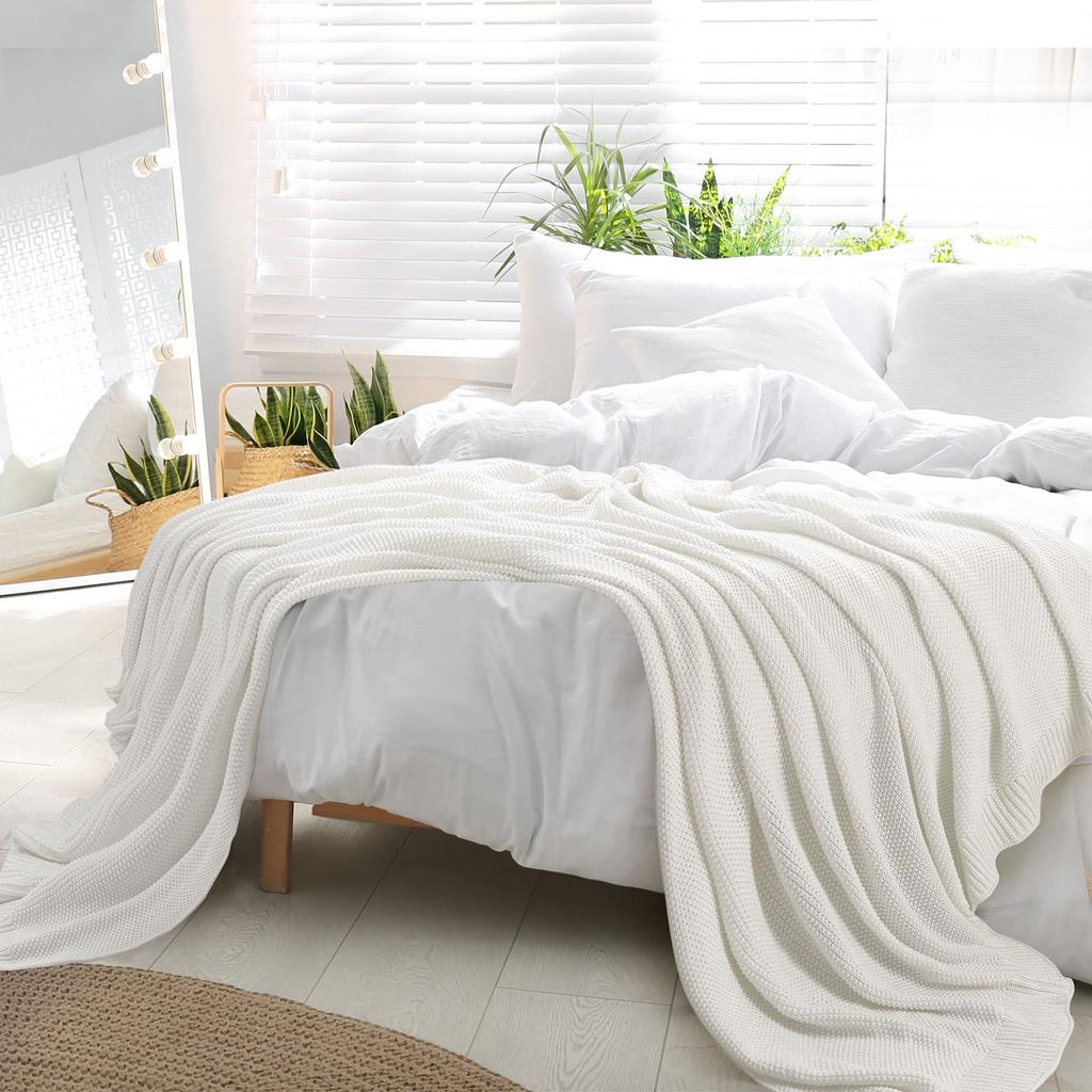 uxcell Cotton Knit Throw Blanket, Soft Solid Decorative Knit Blanket for Sofa, Couch, or Bedroom, White, 150*200cm