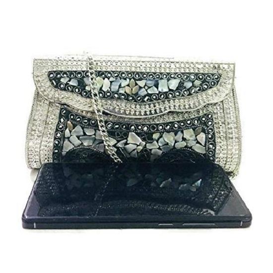 Damen Silber Muschel Perlmuttstein Ethnische Clutch - Indische Antik Mosaik Metall Party Geldbörse