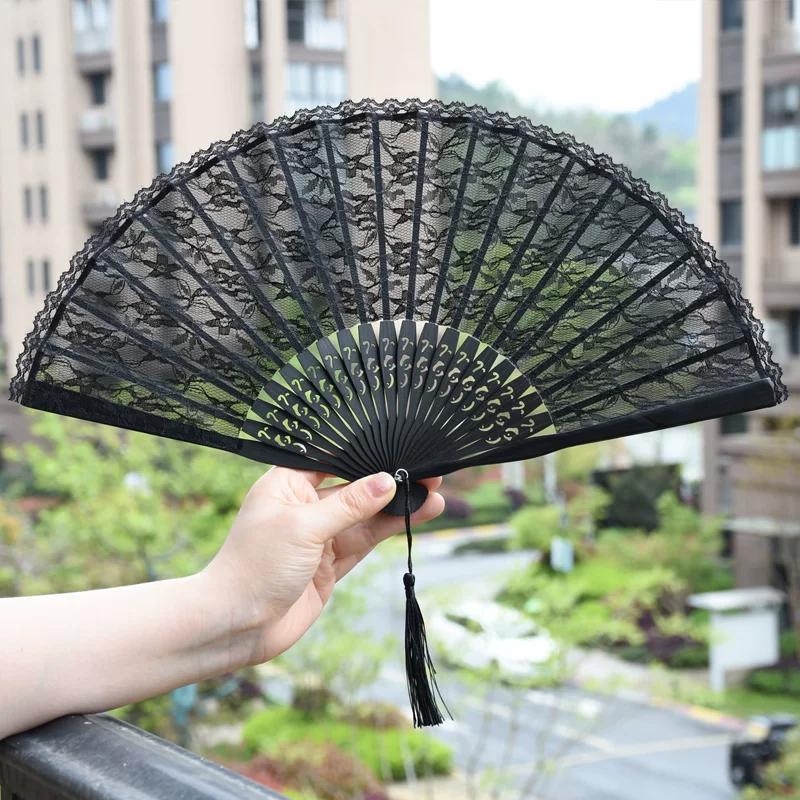 Mengyilian Black Chinese Style Lace Folding Fan Han Chinese Clothing Cheongsam Ju Jingyi Dance Handheld Women's Retro Style Fan