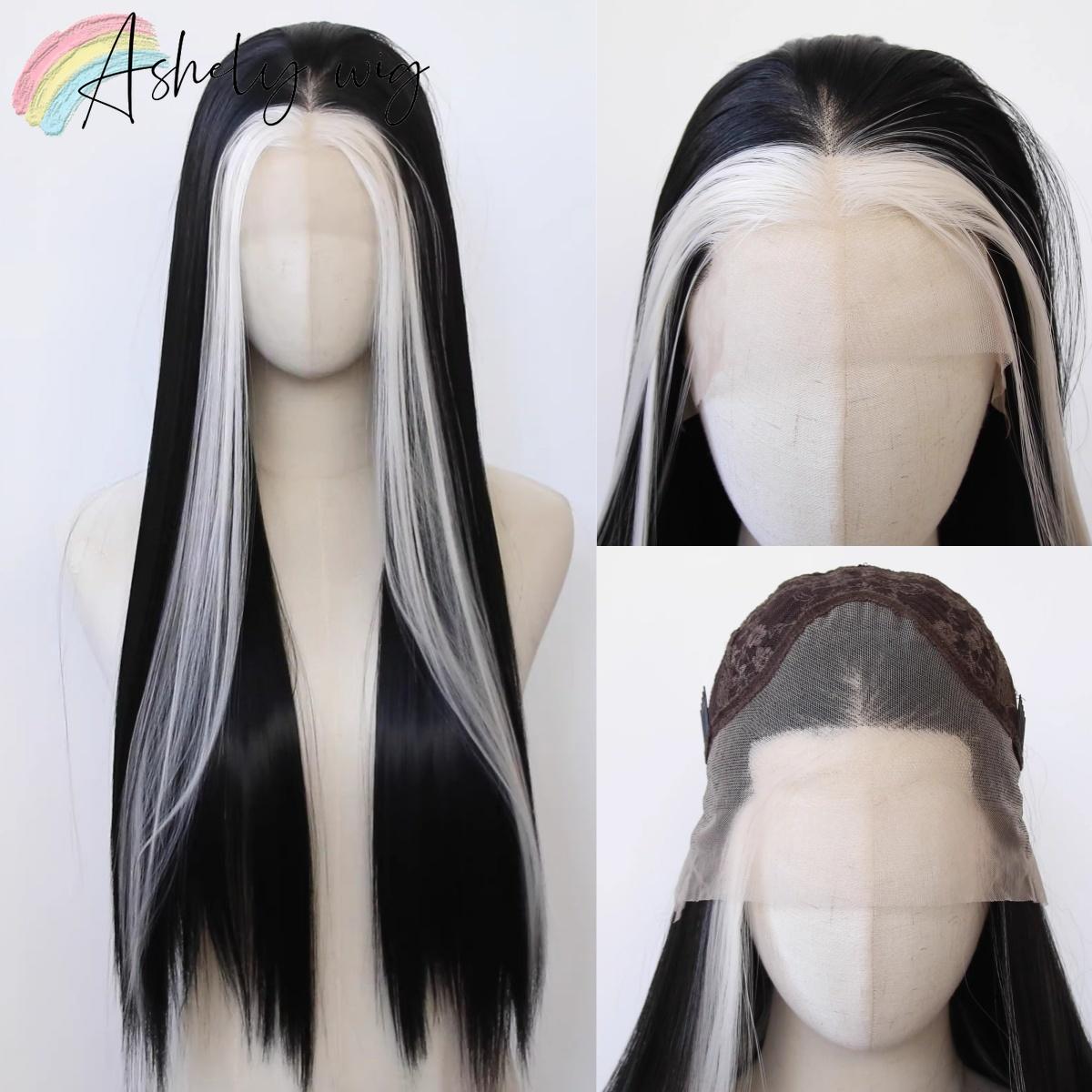 Ashely White Highlight Black Synthetic Lace Front Wigs 26inch 13*4 Long Straight Lace Front Synthetic Wig Natural Hairline (as the picture,18inches)