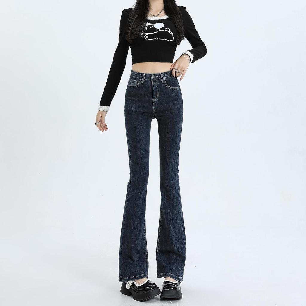 Women's Light Wash High-Waist American-Style Flared Jeans, Slim Fit, Elastic, Small Size, Washed Blue Horseshoe Design