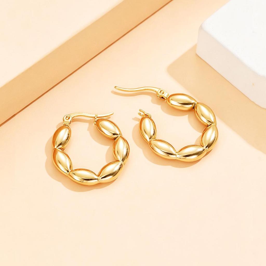 Elegant Geometric Olive Design Stainless Steel Hoop Earrings for Women - Retro Smooth Titanium Steel Jewelry Ear Clips