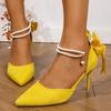 Fashion Elegant Ladies Pearl Ankle Strap Pumps 2025 Thin High Heels Yellow Bowtie Banquet Dress Shoes Woman Stiletto Heeled Flock Shoes