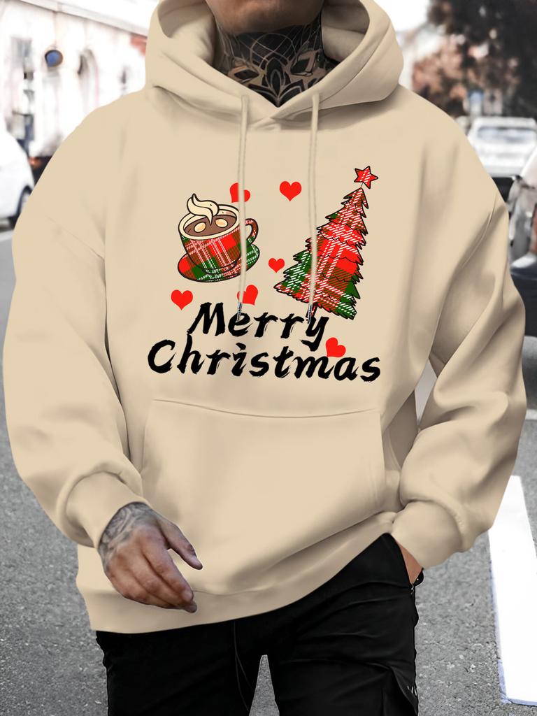 Autumn/Winter Men's Loose-fitting Hoodie with Santa Claus Print, Fleece Sweatshirt for Teenagers, Street Style Casual Top