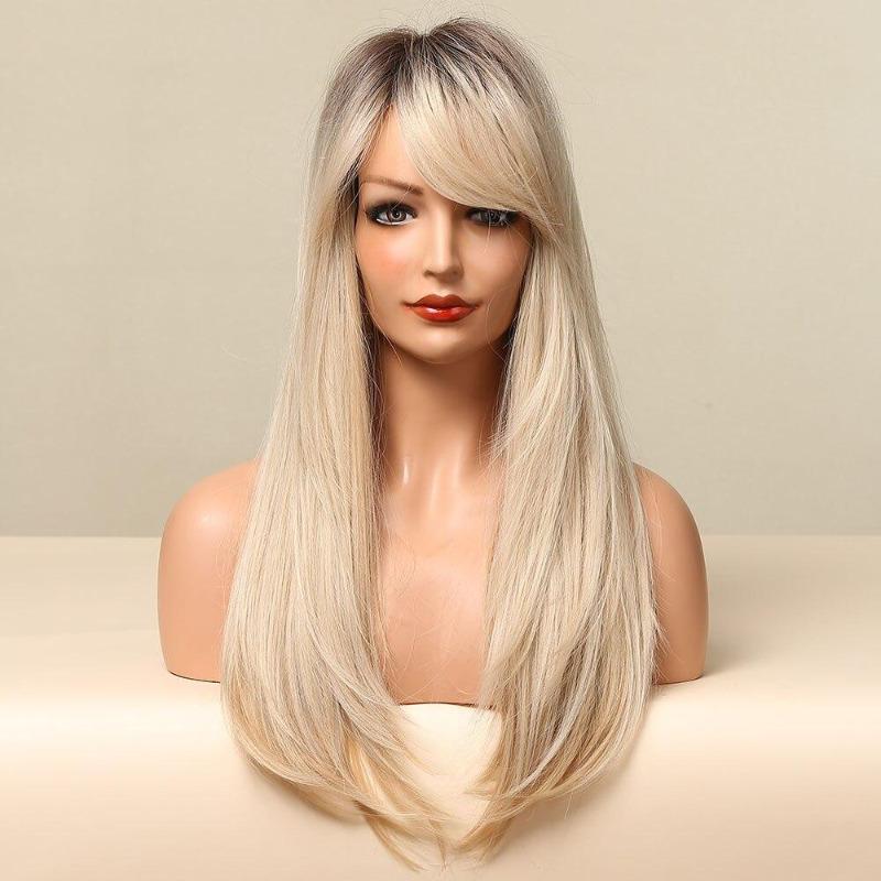 Long Straight Blonde White Ombre Synthetic Wig With Bangs Cosplay Hair Wigs for Women Heat Resistant KTB