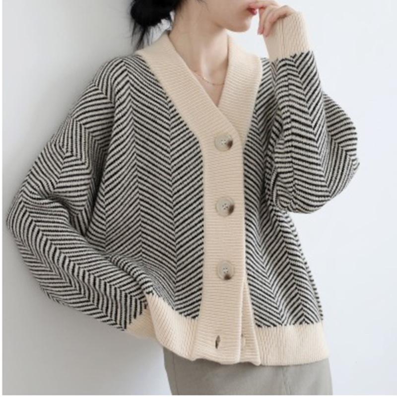 Chic Women's Korean Retro Striped Knit Cardigan - Lazy Style, Loose Fit, Versatile Outerwear for Autumn/Winter 2025.