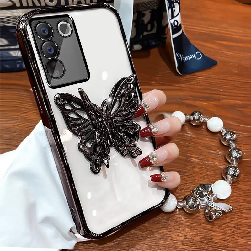 3D Butterfly Phone Holder Bead Bracelet Glitter Plating Case for Samsung Galaxy S24 S23 S22 S21 S20 FE Ultra S10 Plus Cover