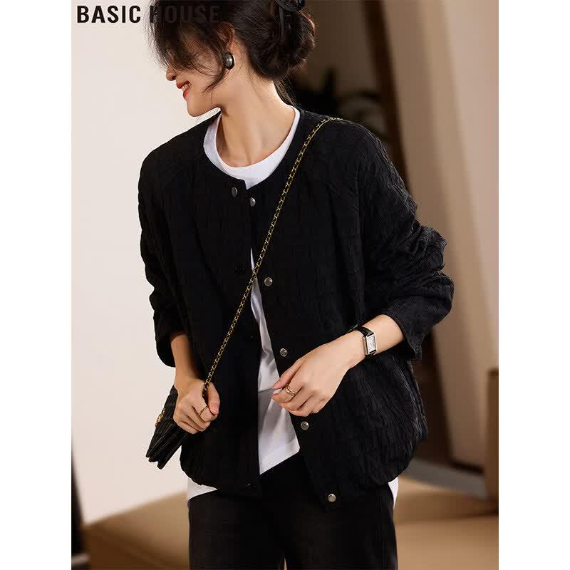 Basic House Women s Black Round Neck Button-Front Loose Jacket L чёрный