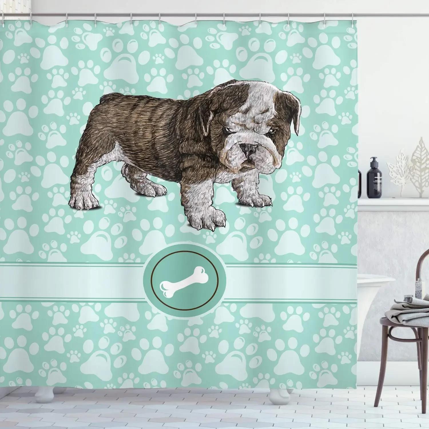 

Funny Bulldog Fabric Shower Curtain Bear Deer Cow Forest Animal Vintage Style Polyester Fabric Art Shower Curtain Bathroom Decor 90x180cm-35x70in