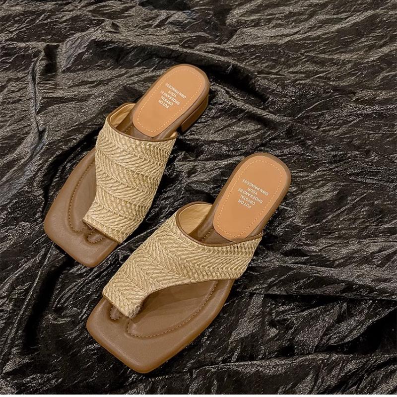 Fashion 2025 Fashion Square Toe Women Weave Kitting Sandals Thick Heels Slip on Solid Color Casual Street Summer Shoes for Ladies