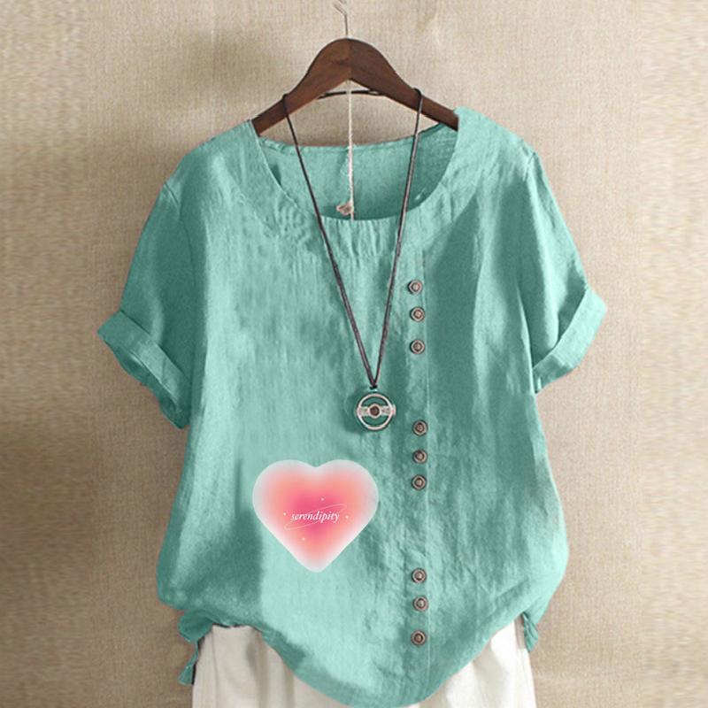 Women's Fashion Round Neck Short Sleeve T-shirt Casual Cotton Linen Graphic Shirt Leisure Loose Pink Love Prined Summer Blouse Tops
