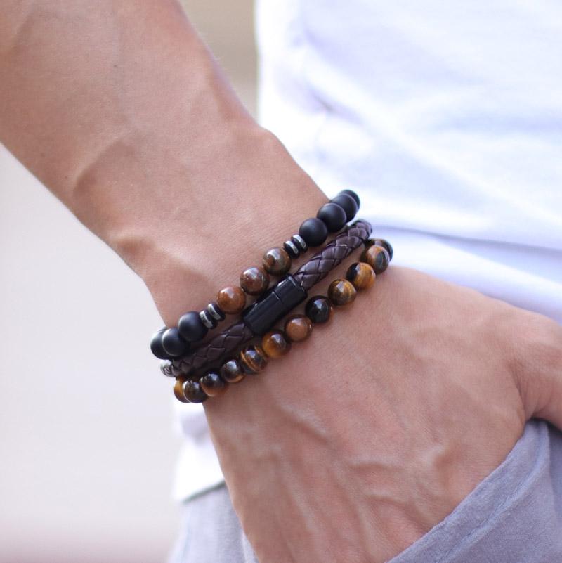 Noter Set 3 bucăți Brățări Bărbați 8mm Onix natural Ochi de tigru Brățară de piatră Homme Închizătoare Magentic Braslet din piele Pulsera Hombre Cadou
