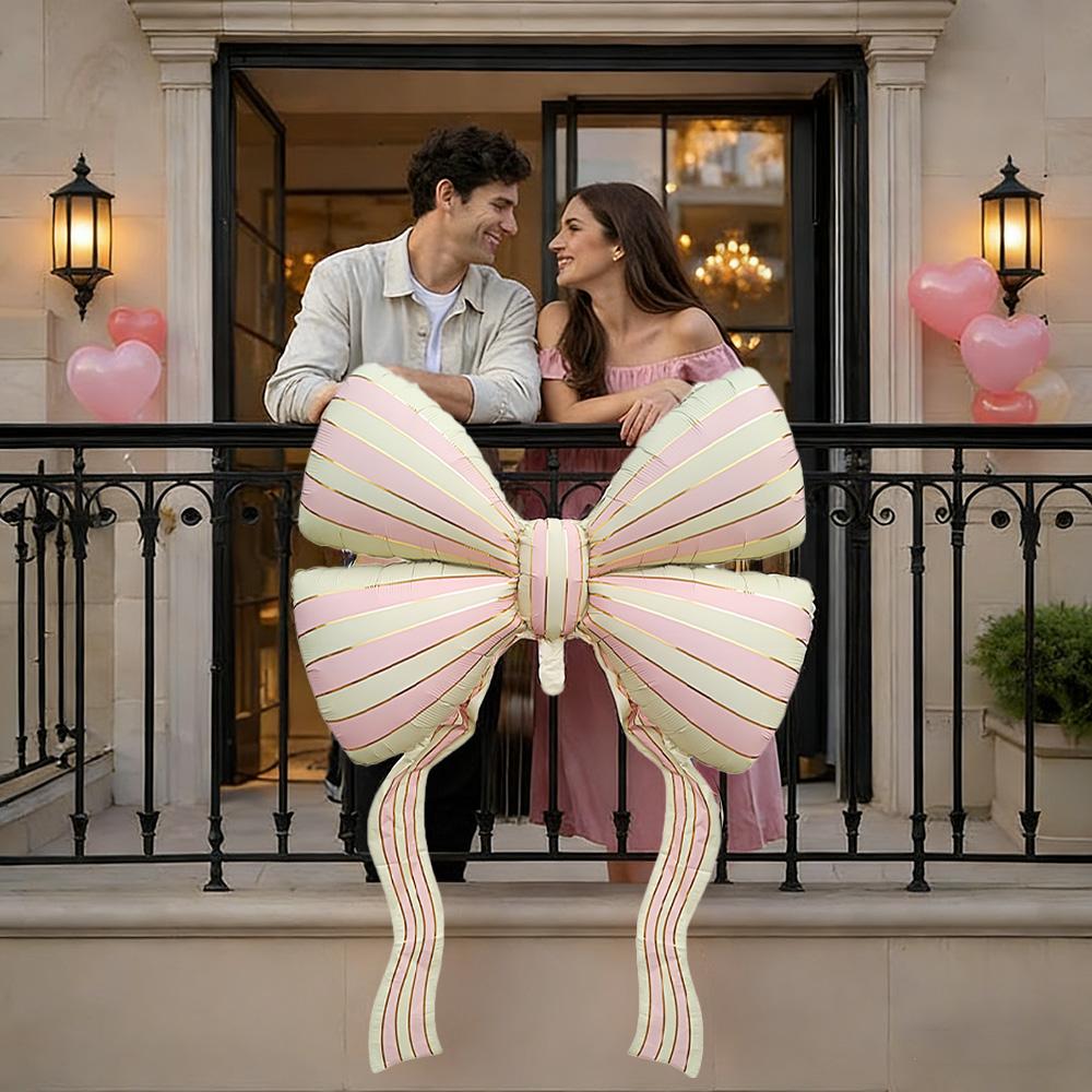 60-Inch Giant Striped Bowknot Foil Balloon, Helium-Supported Large Ribbon Mylar Balloon, Aesthetic Matte Pink Bow Shape Decorations