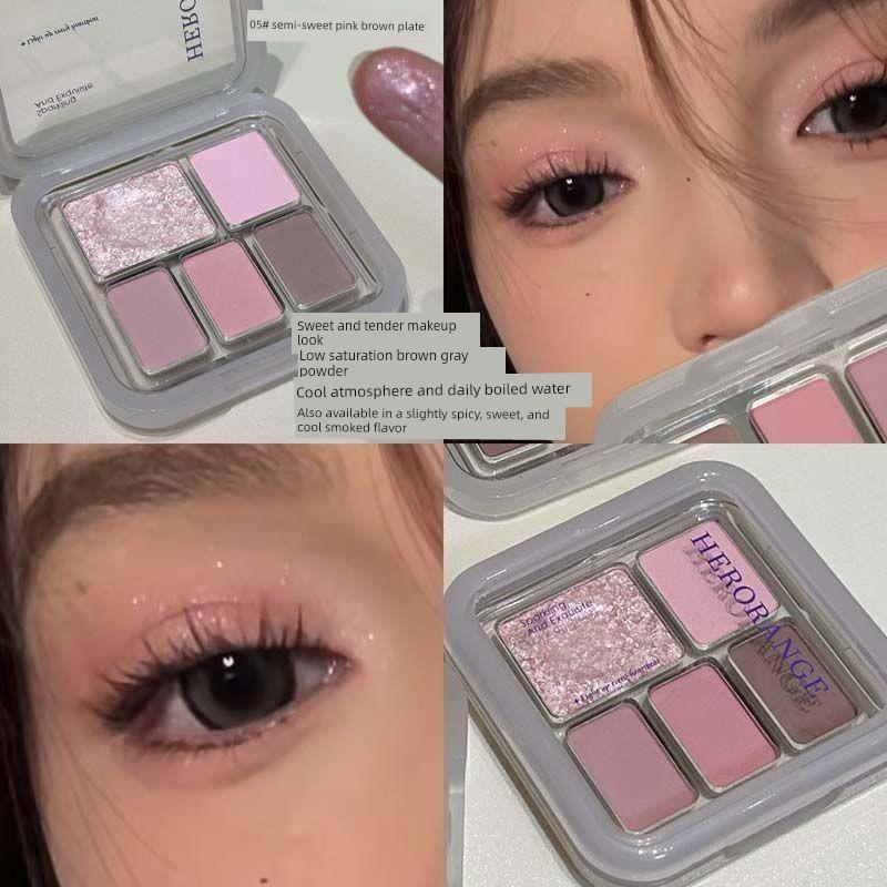 Low-Saturation Water Ripple 5-Color Eyeshadow Palette, Smoky Earth-Toned Blush All-In-One Palette, Sweet Girl Sweet Style for Students