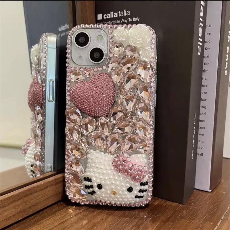 Japanese and Korean Ins Korean Niche Rhinestone Camellia Love 14 Pearl Cat Head for iPhone16Pro Full Diamond 15