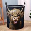 1pc Highland Cow Cute Pattern Round Laundry Basket Foldable Clothes and Sundries Hamper for Bathroom Closet and Bedroom