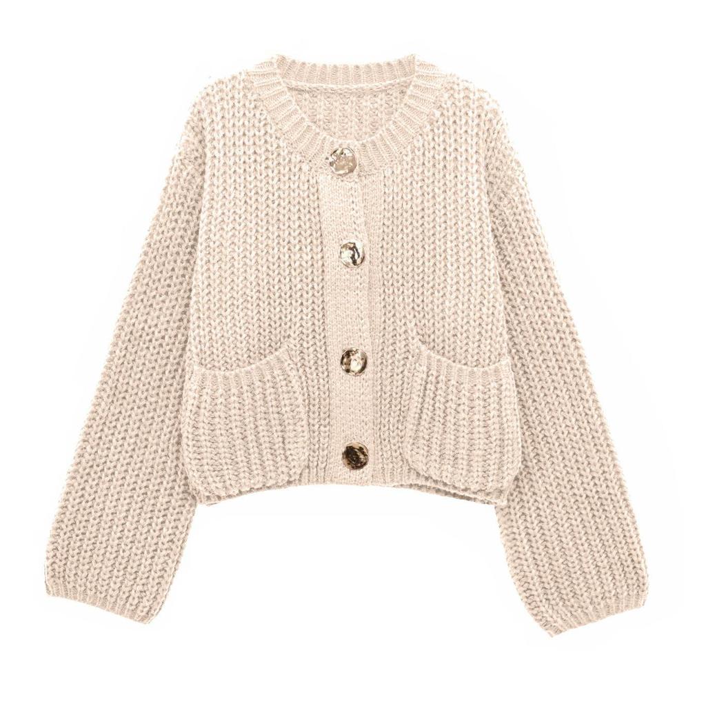 European Casual Women's Solid Color Round Neck Cardigan Sweater - Loose Knit Long Sleeve Top