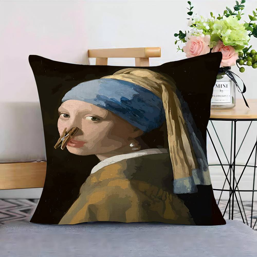 Funny Mona Lisa Wearing Pearls Girl Cushion Cover Pillowcase Upholstery Sofa Throw Pillow Home Decor Pillowcas