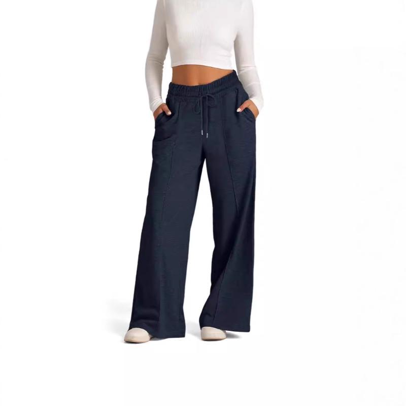 Style Spring Autumn New Style Women's Drawstring Solid Color Waist Fashion Casual Wide Leg High Waist Pants