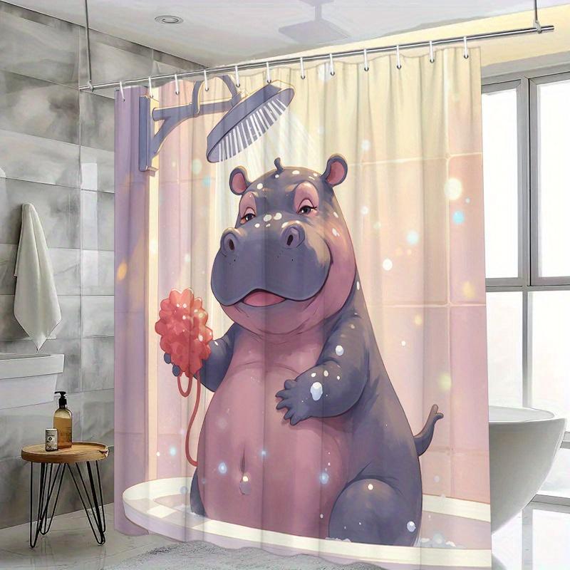 

Fat Black Hippo Shower Curtain With Red Loofah-Funny Bathtub Decoration, Bathroom Curtain With 12 Hooks, 180X180Cm W60H190(CM)-1 Pcs