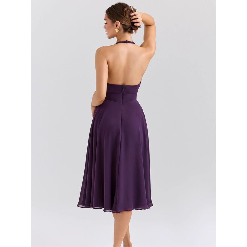 Iris Woolen House Same Style French Style Romantic Purple Temperament Sexy Deep V Backless Hanging Neck Sling Dress