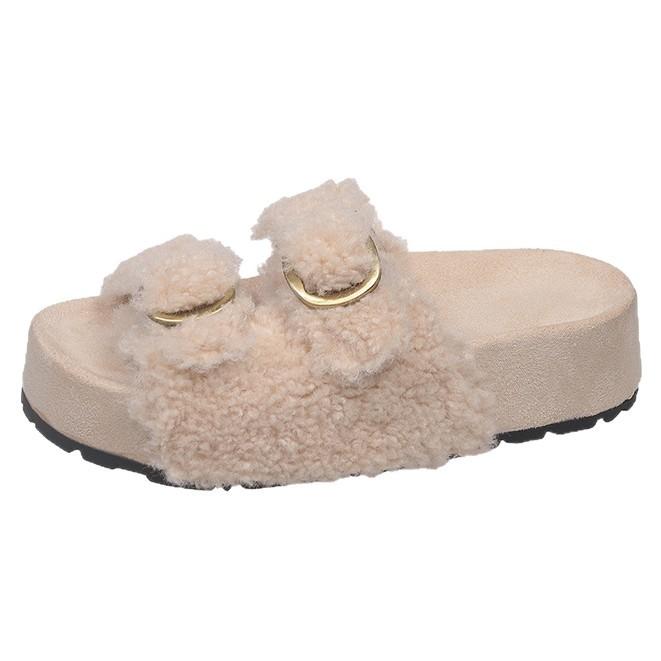 Internet celebrity thick bottom one-word button fluffy slippers women's wear 2025 autumn and winter new velvet warm non-slip Birkenstock cotton mop