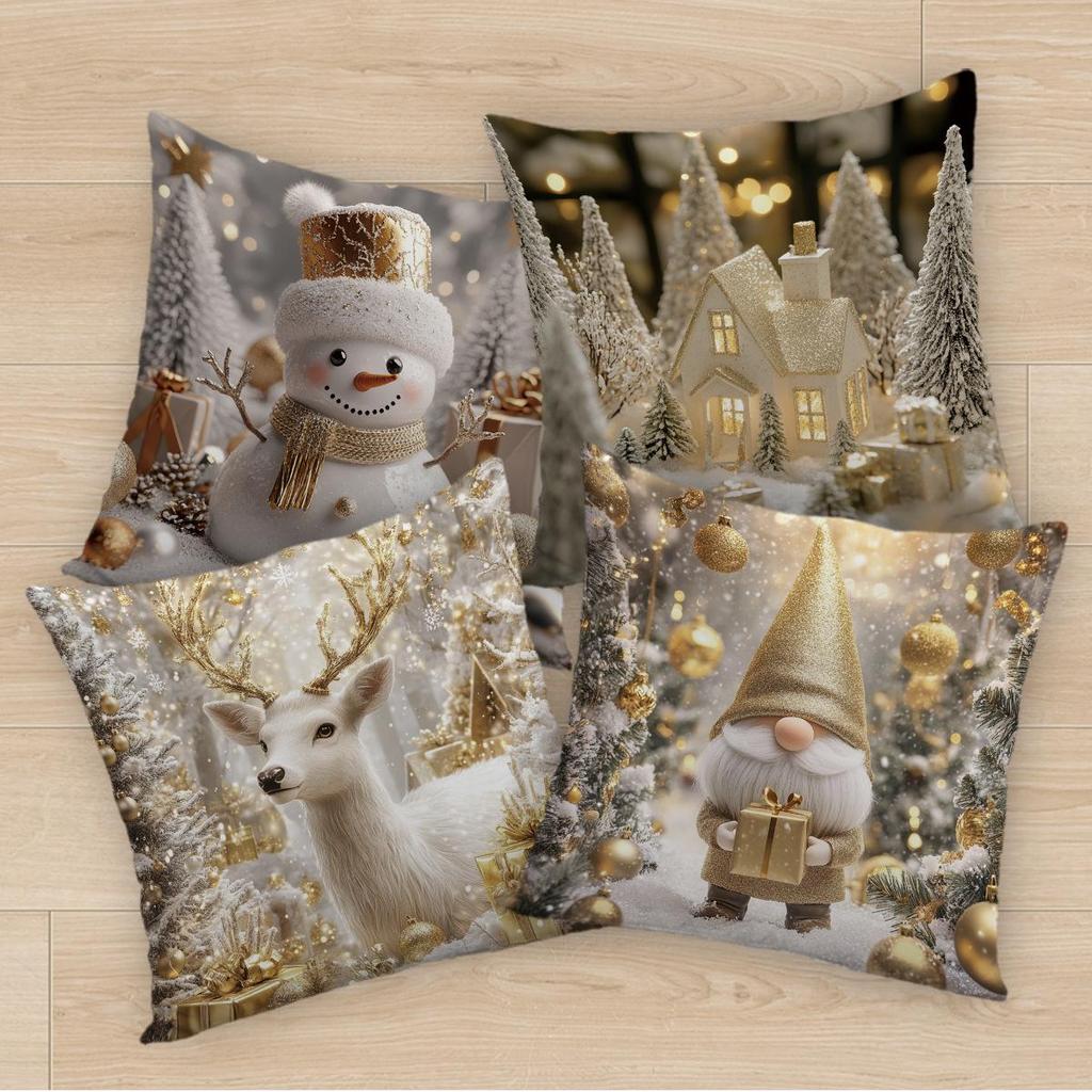 Christmas Pillowcase - Gold Snowman, Gnome, Reindeer Print Pillow Cushion