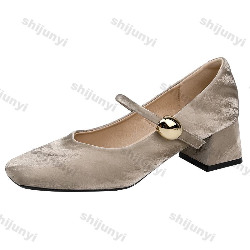 Women's Mary Jane Shoes Summer New Vintage Elegant High Heels Comfortable One Word Buckle Strap Square Toe Casual Shoes