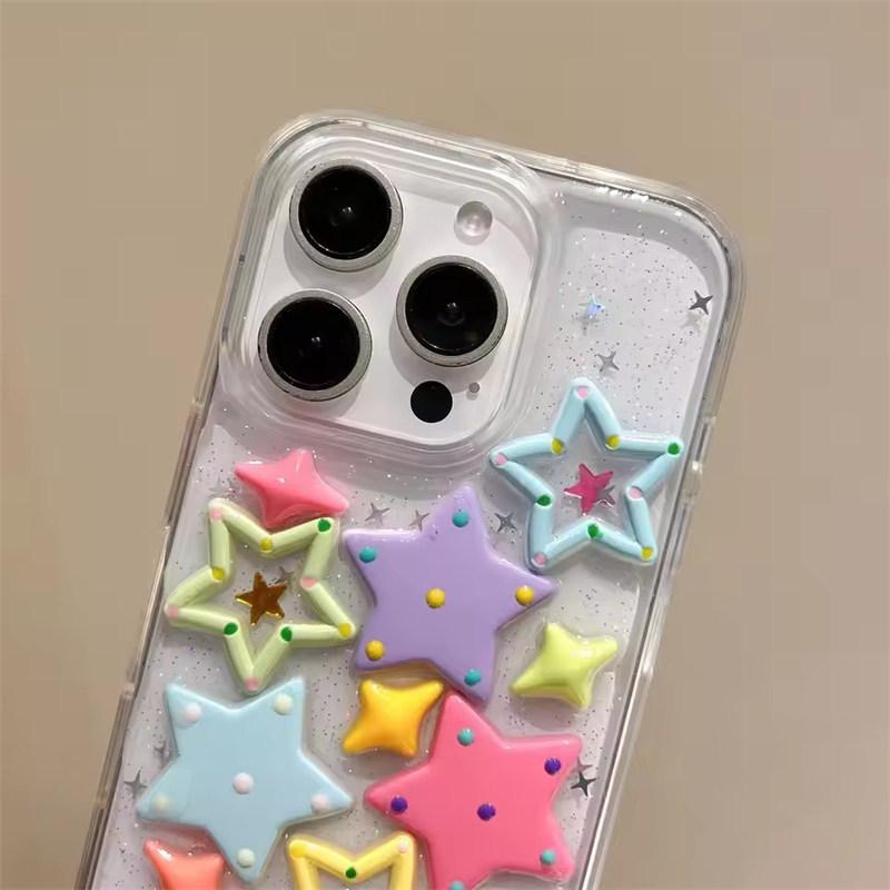 Glitter Bling 3D Dopamine Stars Protection Case For iPhone17 Air 16 E 15 14 13 12 11 Pro Max Plus X XR 7/8 SE Lovely Epoxy Transparent Acrylic Cover