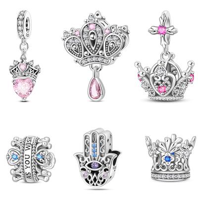 Inlaid Zircon Classical Charm Beads 925 Silver Crown Palm Heart Shaped Charms for Women Fine DIY Birthday Jewelry Gifts
