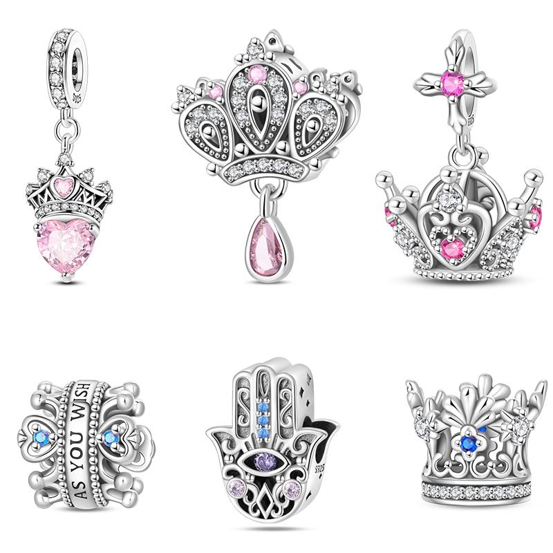 Inlaid Zircon Classical Charm Beads 925 Silver Crown Palm Heart Shaped Charms for Women Fine DIY Birthday Jewelry Gifts