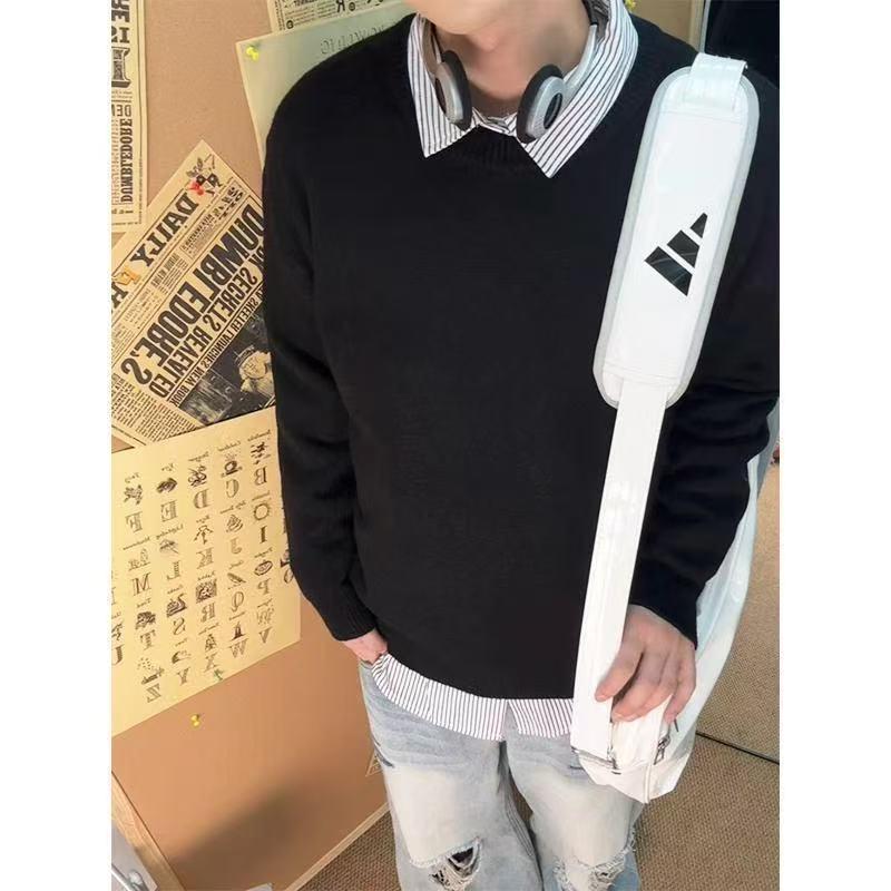 CleanFit Men s Black Loose Knit Sweater - Korean Style Autumn/Winter Casual Top M