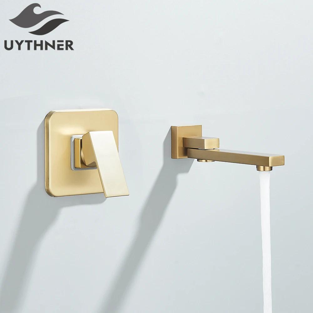 Brushed Golden Basin Faucet Wall Mounted Bath Shower Faucet Single Handle Rotating Spout Mixer Tap Hot Cold Water Chrome / Black