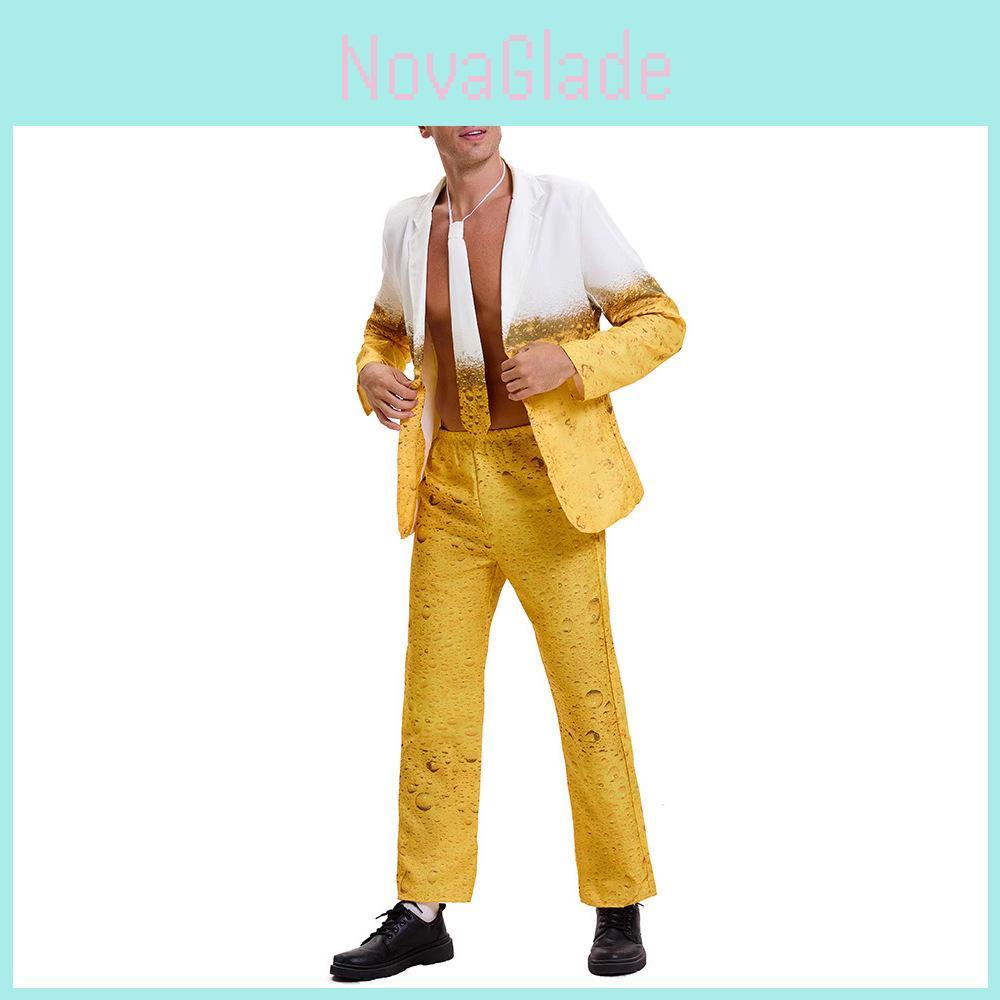 Costume di Carnevale in Poliestere a Tema Gioco per Uomo con Gradiente Giallo e Fantasia Birra per Esibizioni sul Palco