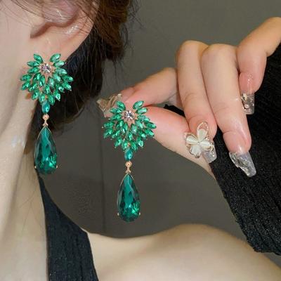 1 Paar Damen Vintage Smaragd Tropfen Ohrringe Strass eingelegte Ohrringe Modeschmuck Temperament Lange Ohrringe Geburtstag Hochzeit Schmuck Geschenke
