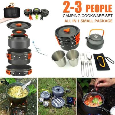 Portable Outdoor Tableware Mess Kit Cookware Set Kettle Cup Pot Set for Camping Hiking Picnic Travel for  2-3 People