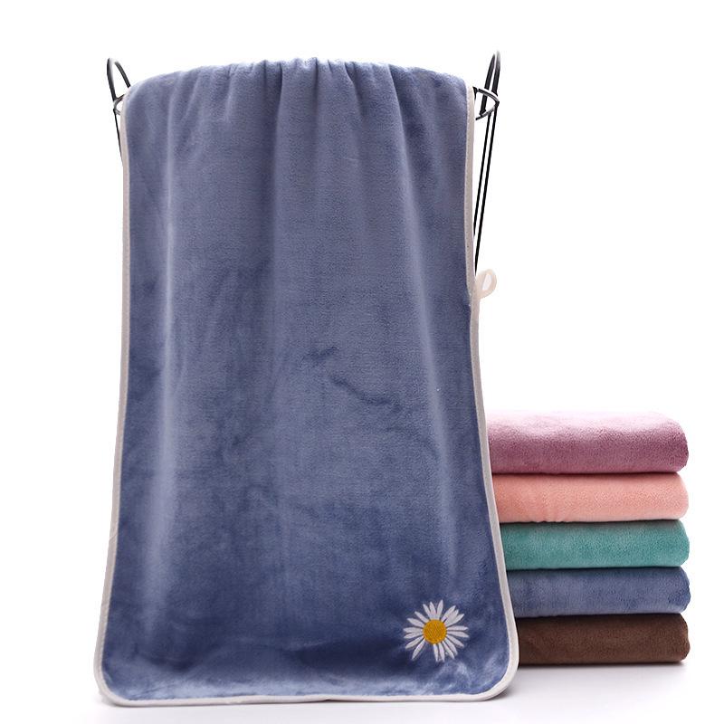 Soft Absorbent Daisy Embroidery Bath Towel with Lettered Edge - For Daily Home Use and Face Washing