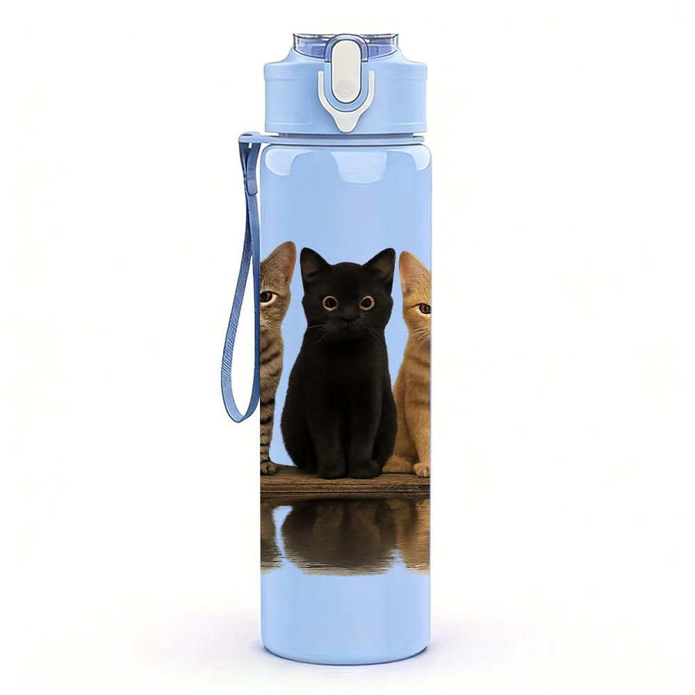 1PC Three Cats Wooden Platform Portrait 750ml Color Plastic Sports Water Bottle Leakproof Flip Straw Lid Suitable for Sports Office Home Use