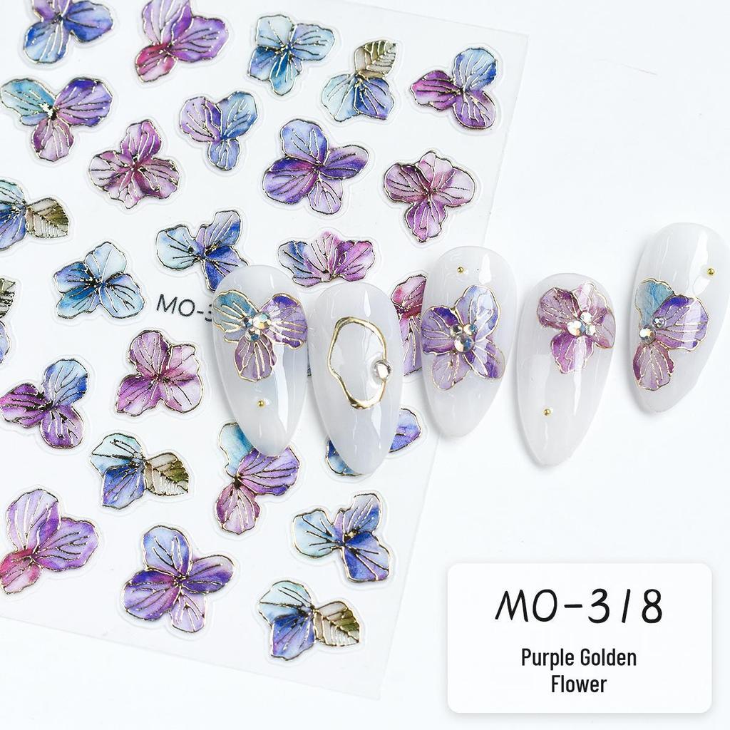 Fragrant Dreamy Purple-Gold Floral Embossed Nail Stickers