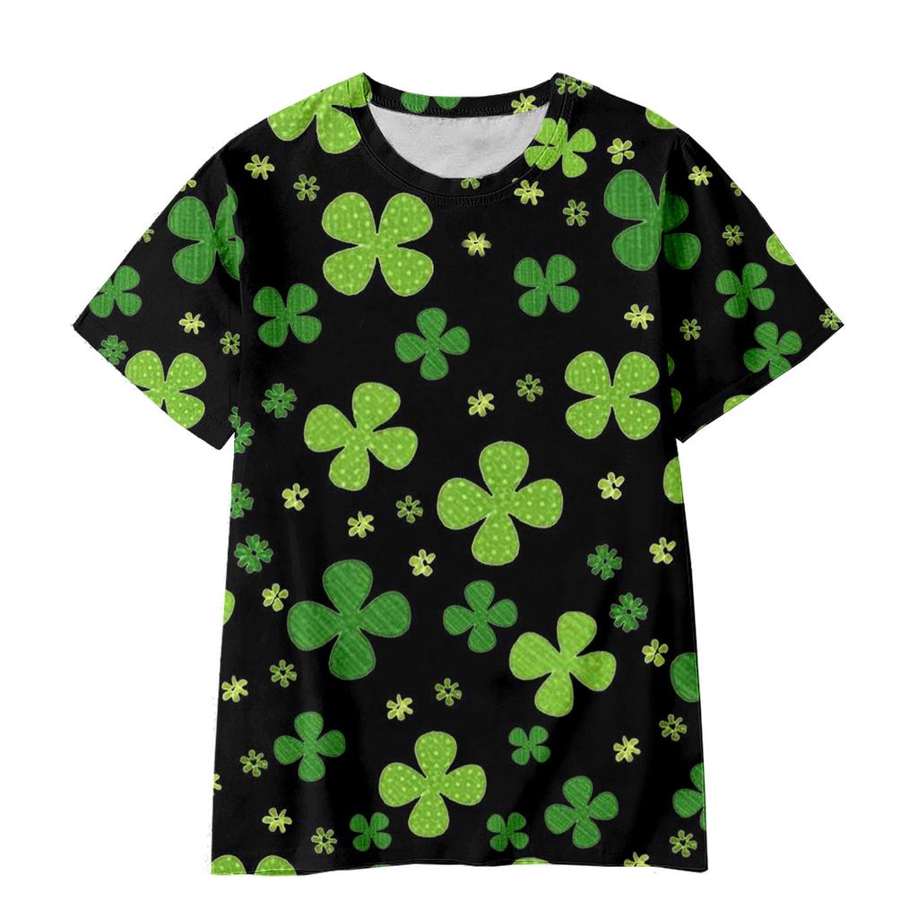Summer Round Neck 3D Green Magic Hat with Clover Print Top Fashionable Casual Short Sleeved Children's Boy and Girl T-shirts