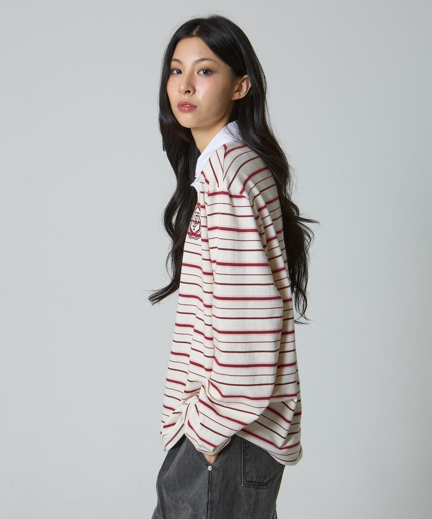 UNKNOWN PLANET Ivy Stripe Rugby Collar Shirt Pink