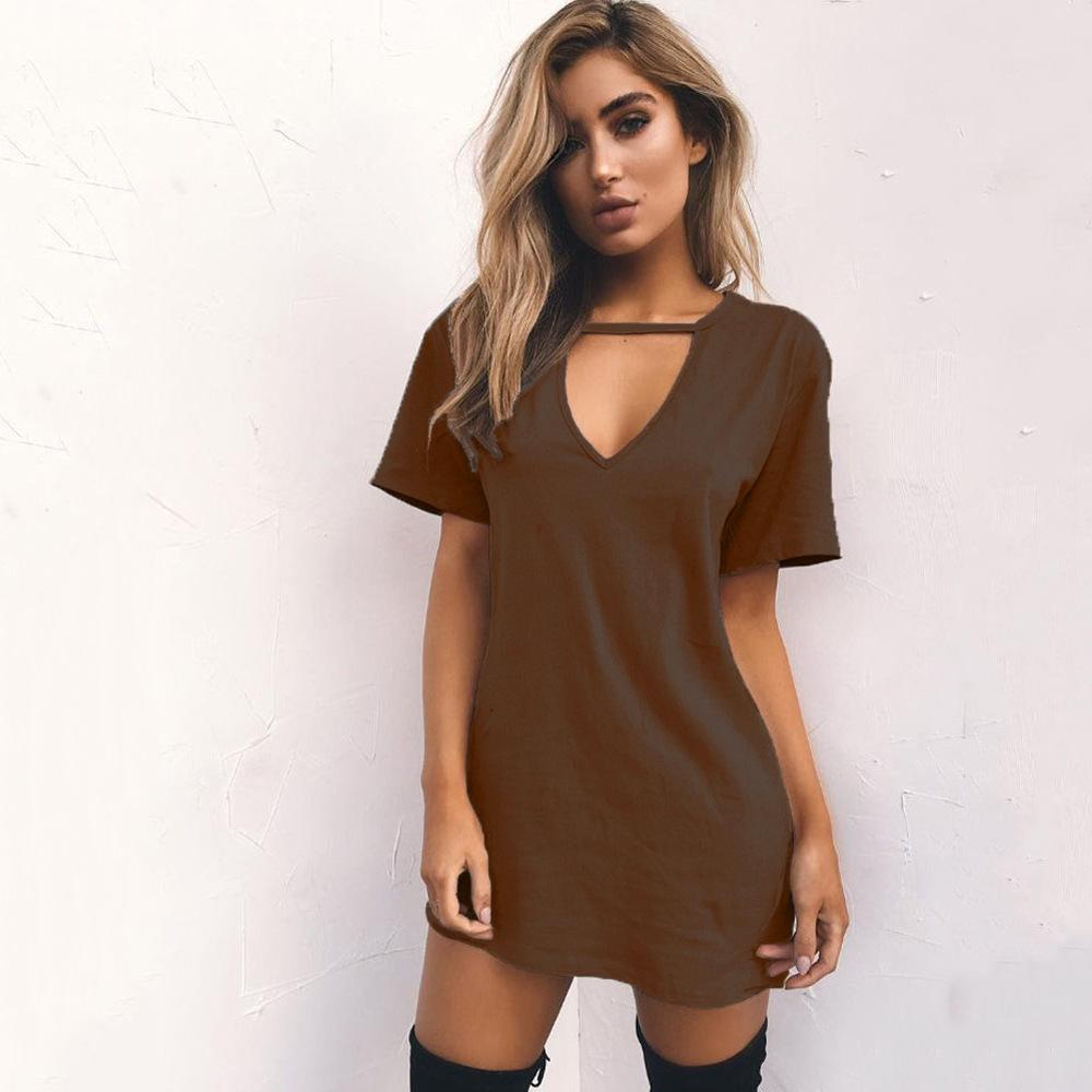 Women's Summer New Sexy V Neck Halter Cut Out Mini Dress Short Sleeve Solid Color Casual Club Party T-Shirt Dress