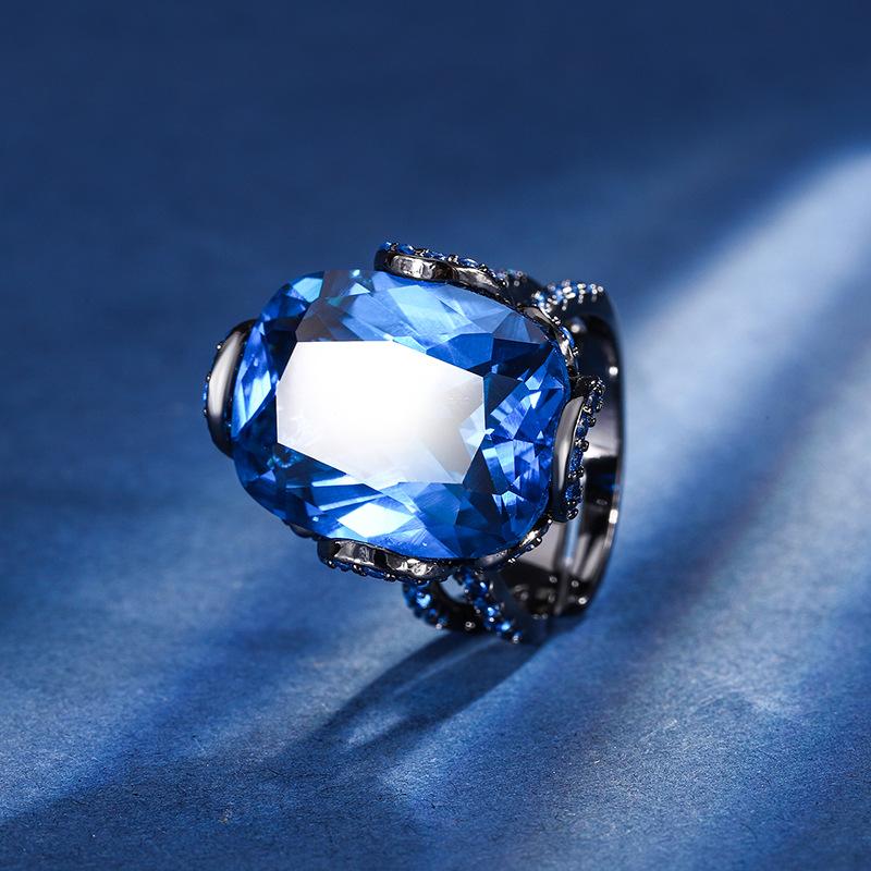 Jewelry Copper Bottom Gold-Plated Simulation Corundum Fat Rectangular Light Luxury Black Gold Finger Female 15 * 20