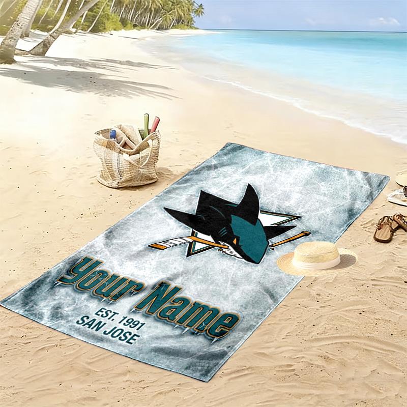 Name Custom San Jose Sharks Print Beach Towel, Large Soft Quick Dry Towel for Beach Camping Swimming