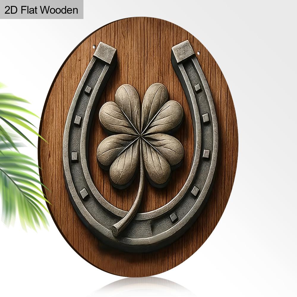 2D Flat 1pc Vintage St. Patrick's Day Four-Leaf Clover Horseshoe Wooden Sign Round Ornament, Home Office Bedroom Living Room Garage Garden Balcony
