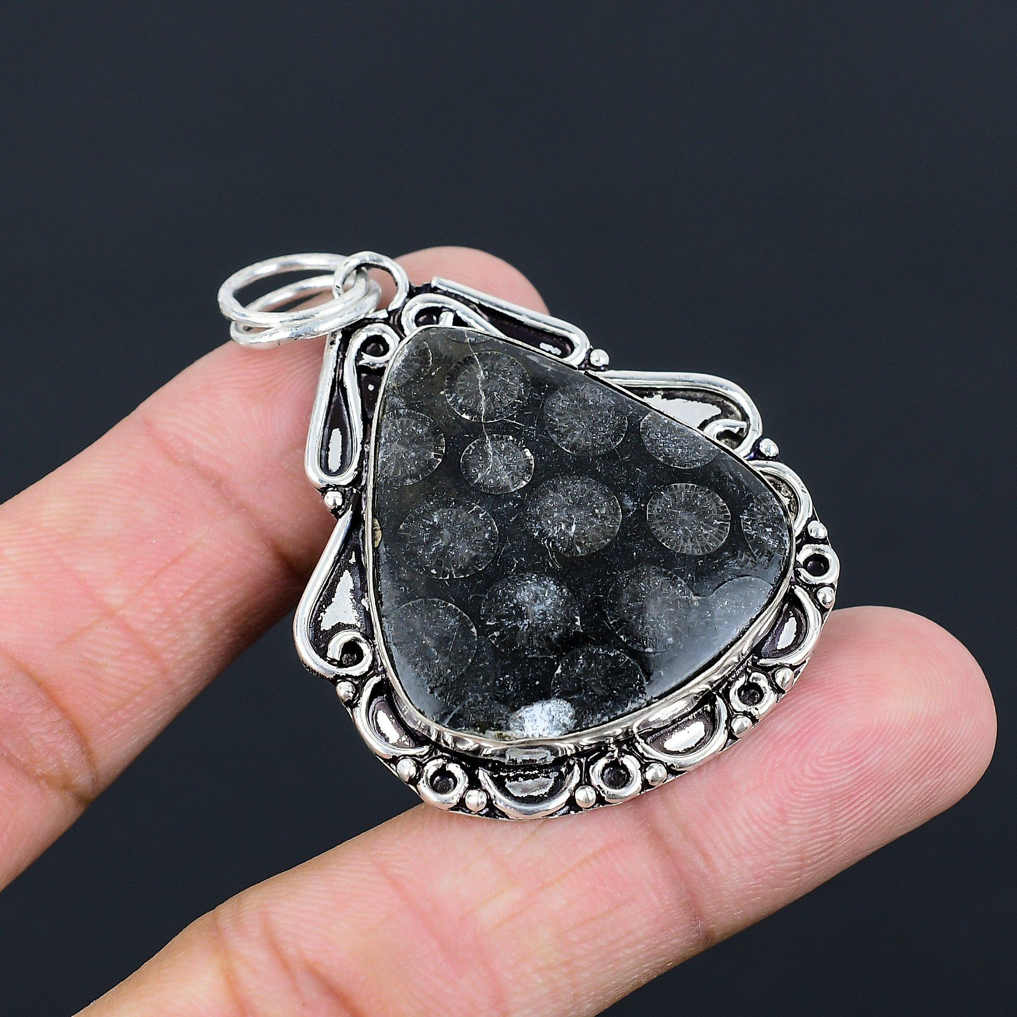 Sterling Silver Black Fossil Coral Stone Bezel Root Chakra Wife Pendant Jewelry